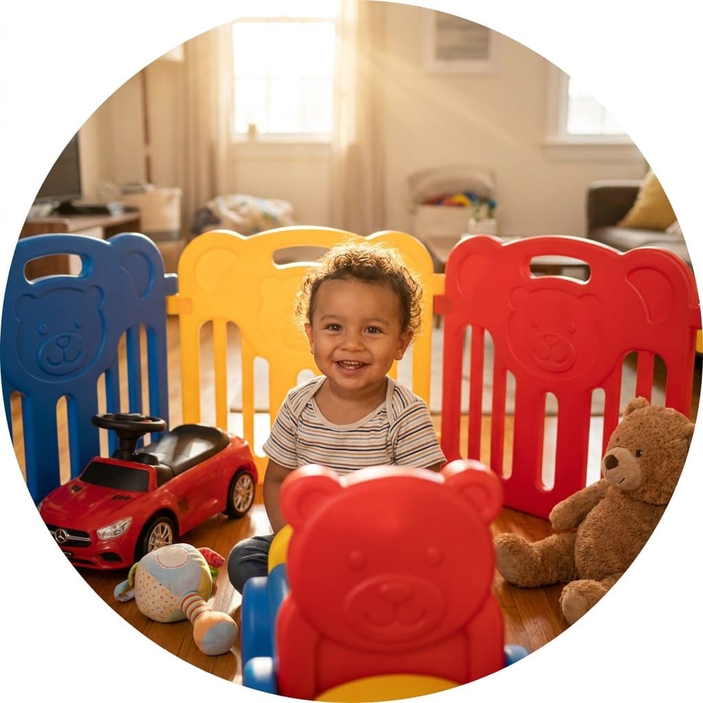 Niño pequeño en corral modular con juguetes