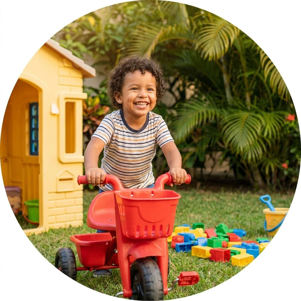 Niño en triciclo con casita y bloques