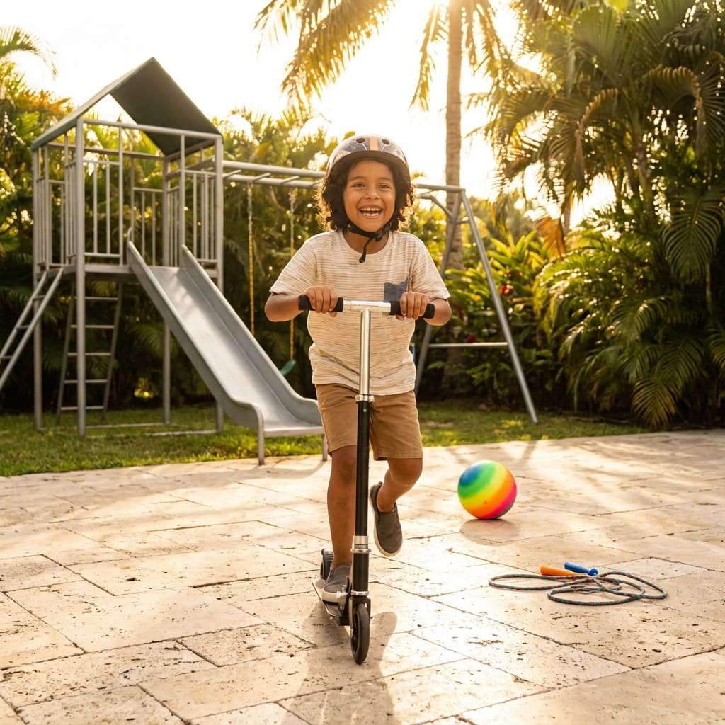Niño en scooter con playground
